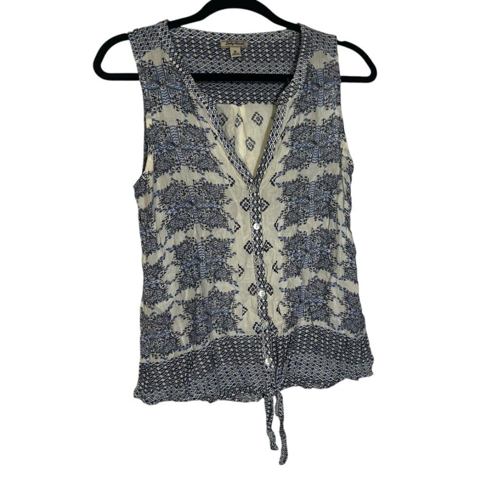 Lucky Brand Sleeveless Blouse Geometric Lace Blue and White Rayon Size Medium